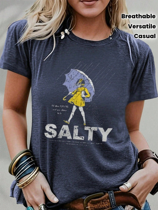 Colored Cotton T-Shirt Comfortable, Stylish With Minimalist Design, Casual & Versatile, INS Style Salty Girl With Umbrella Rain T Shirt Graphic Tee