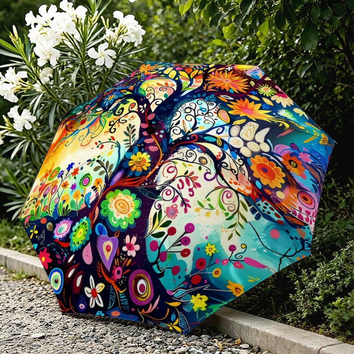 Colorful Folk Art Tree Auto Fold Umbrella UPF50+ Waterproof Windproof Portable Sun Rain Parasol Whimsical Boho Gift