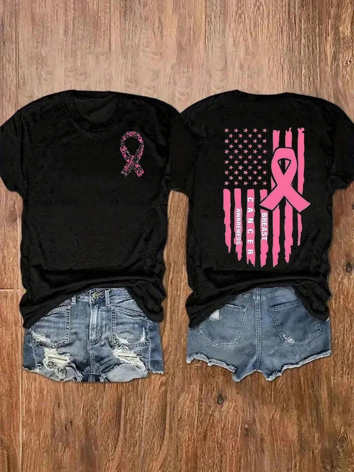 Colorful Tops"Breast Cancer Awareness" Women'S Reversible Round Neck Short-Sleeved T-Shirt. Light Luxury, Simple Style, Graphic Print, Breathable, Cas