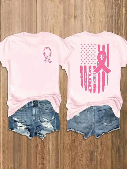 Colorful Tops"Breast Cancer Awareness" Women'S Reversible Round Neck Short-Sleeved T-Shirt. Light Luxury, Simple Style, Graphic Print, Breathable, Cas