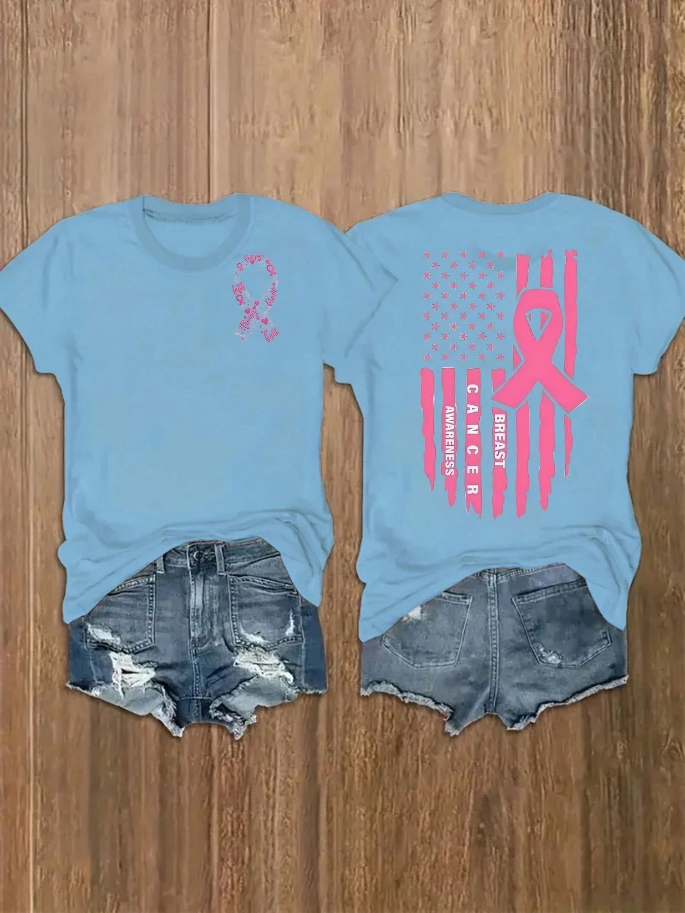 Colorful Tops"Breast Cancer Awareness" Women'S Reversible Round Neck Short-Sleeved T-Shirt. Light Luxury, Simple Style, Graphic Print, Breathable, Cas
