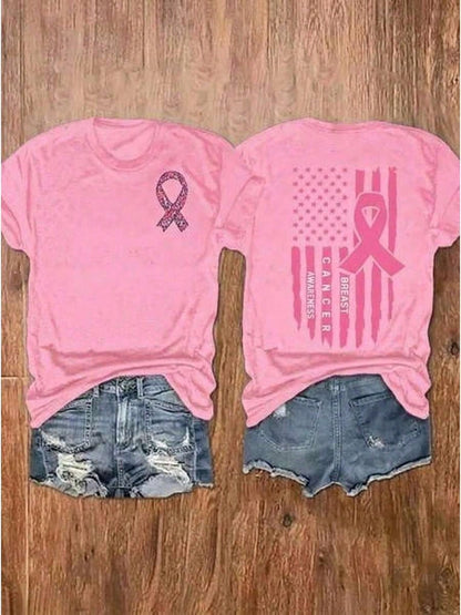 Colorful Tops"Breast Cancer Awareness" Women'S Reversible Round Neck Short-Sleeved T-Shirt. Light Luxury, Simple Style, Graphic Print, Breathable, Cas