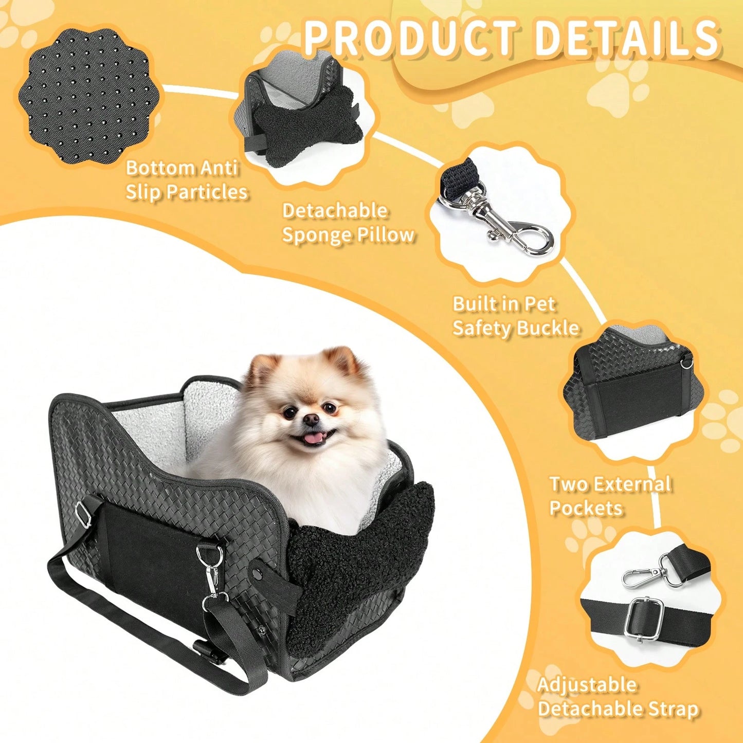 Comfortable Central Console Dog Car Seat, Portable Cozy Booster Car Seat, Deluxe Pet Car Seat For Dogs & Cats With Safety Harness, Breathable Mesh & Soft Padding- Comfortable Travel