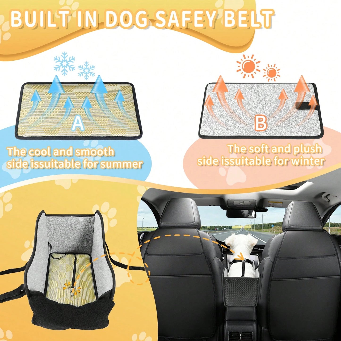 Comfortable Central Console Dog Car Seat, Portable Cozy Booster Car Seat, Deluxe Pet Car Seat For Dogs & Cats With Safety Harness, Breathable Mesh & Soft Padding- Comfortable Travel