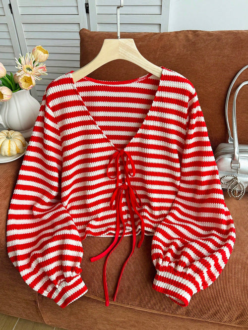 Comfortcana Plus Size Crochet Striped Red Tie-Front Cardigan Women's Top Fall