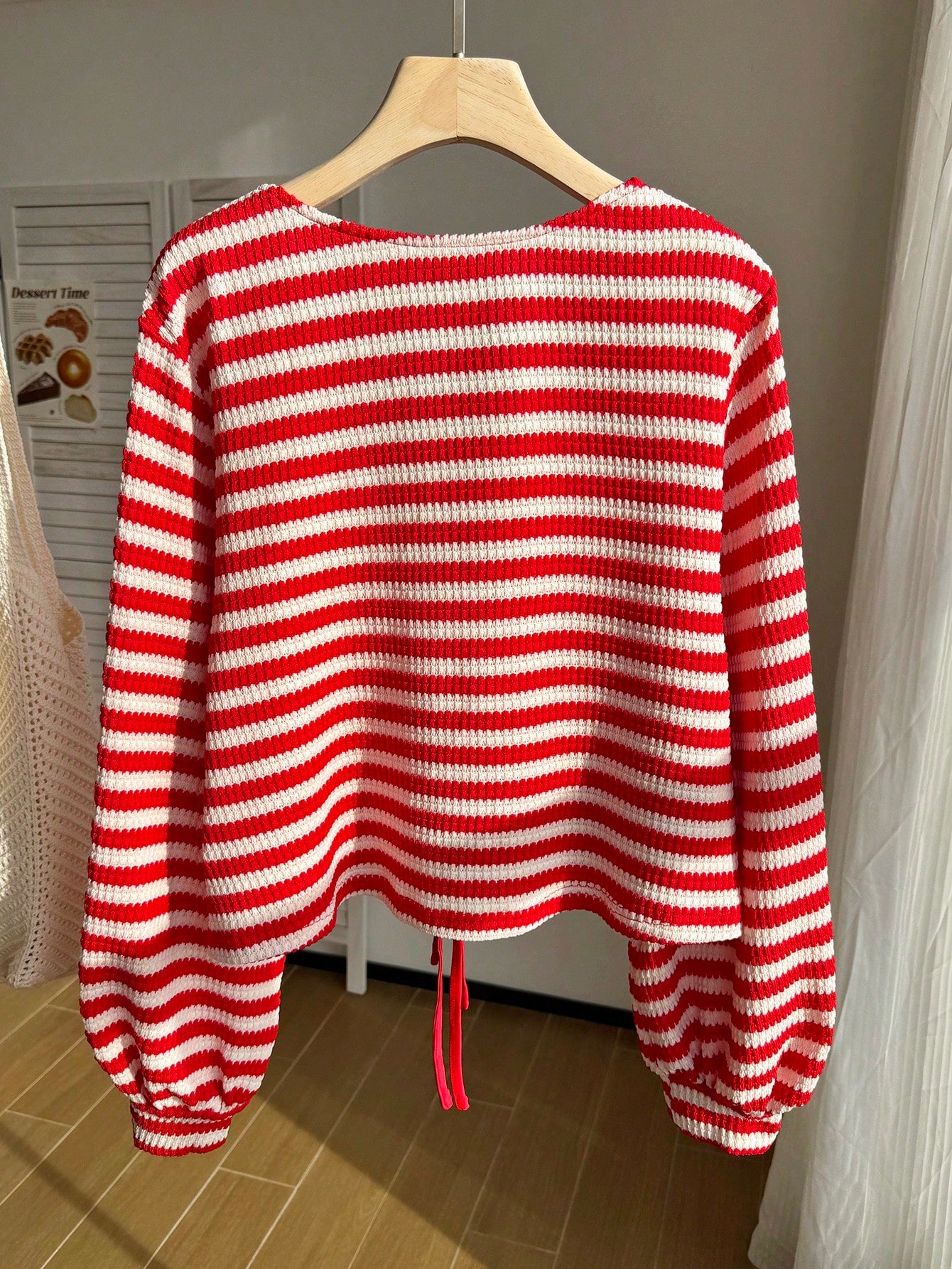 Comfortcana Plus Size Crochet Striped Red Tie-Front Cardigan Women's Top Fall