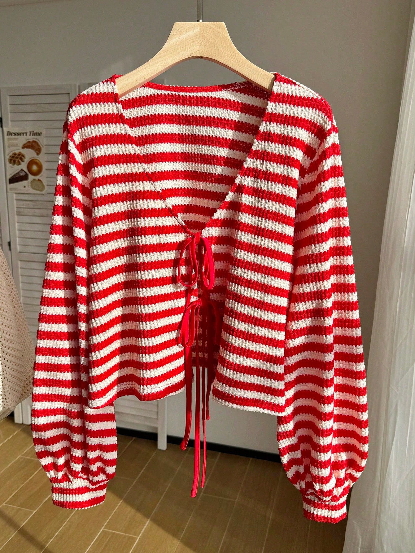 Comfortcana Plus Size Crochet Striped Red Tie-Front Cardigan Women's Top Fall