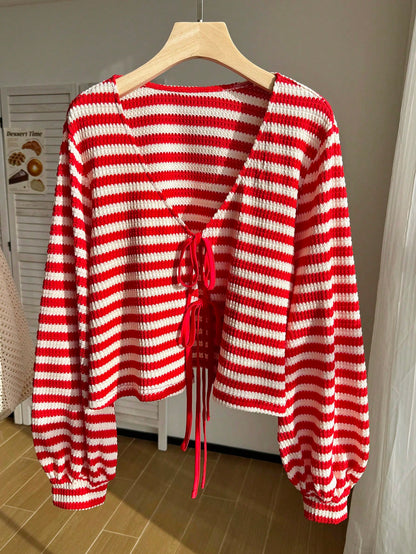 Comfortcana Plus Size Crochet Striped Red Tie-Front Cardigan Women's Top Fall