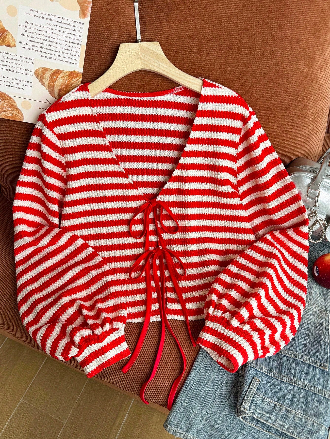 Comfortcana Plus Size Crochet Striped Red Tie-Front Cardigan Women's Top Fall