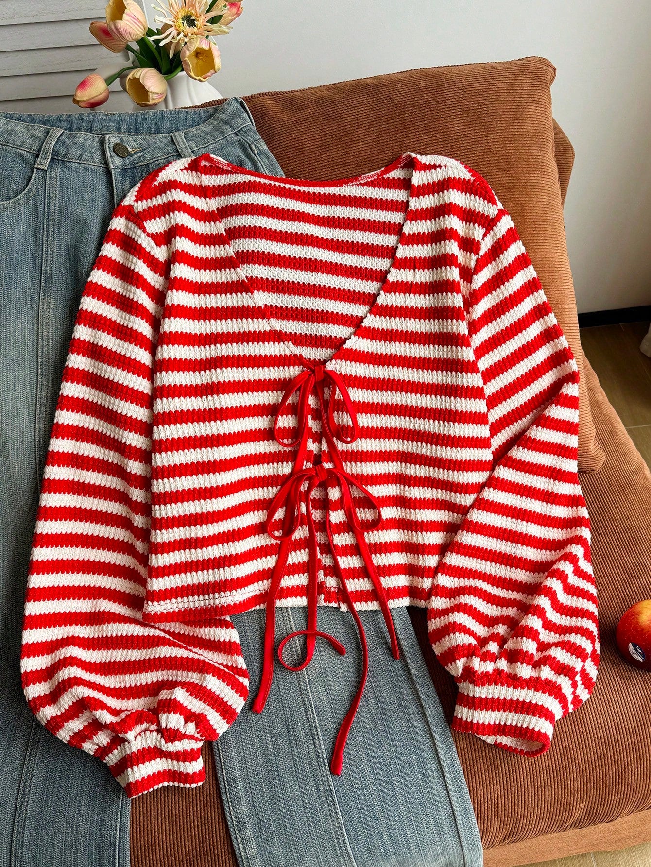 Comfortcana Plus Size Crochet Striped Red Tie-Front Cardigan Women's Top Fall