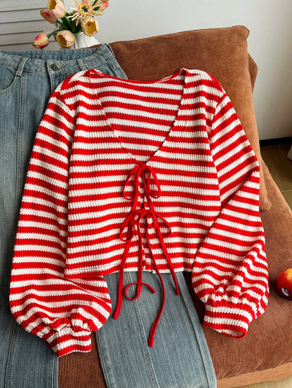 Comfortcana Plus Size Crochet Striped Red Tie-Front Cardigan Women's Top Fall