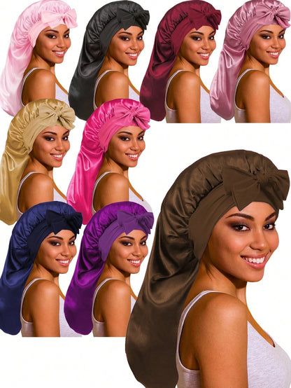 CONFLASS 1pc Women's Adjustable Satin Bow Long Sleeping Cap, Suitable For Braided And Curly Hair, Plus Size With Drawstring Design, Ideal For Overnight Hair Care