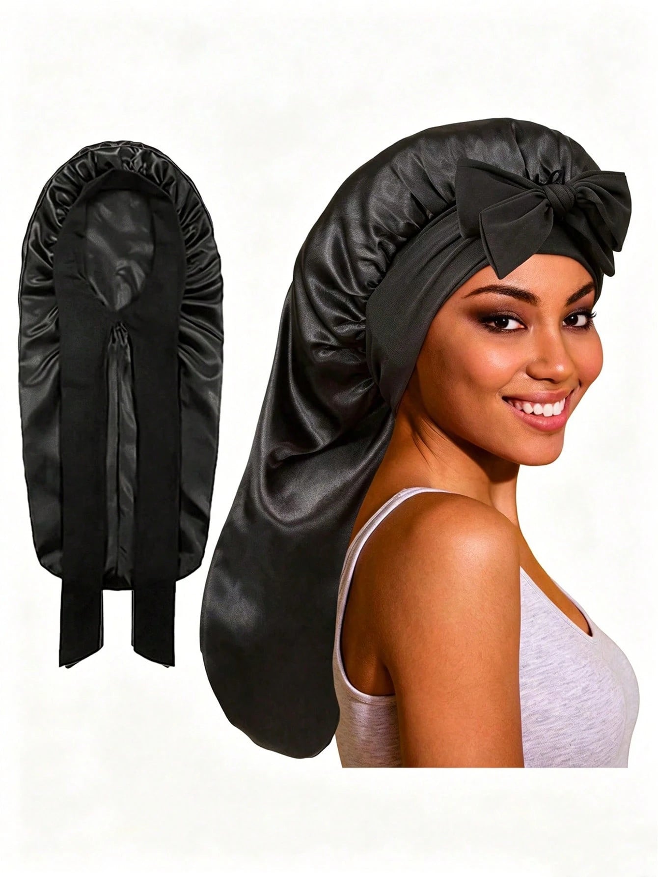 CONFLASS 1pc Women's Adjustable Satin Bow Long Sleeping Cap, Suitable For Braided And Curly Hair, Plus Size With Drawstring Design, Ideal For Overnight Hair Care