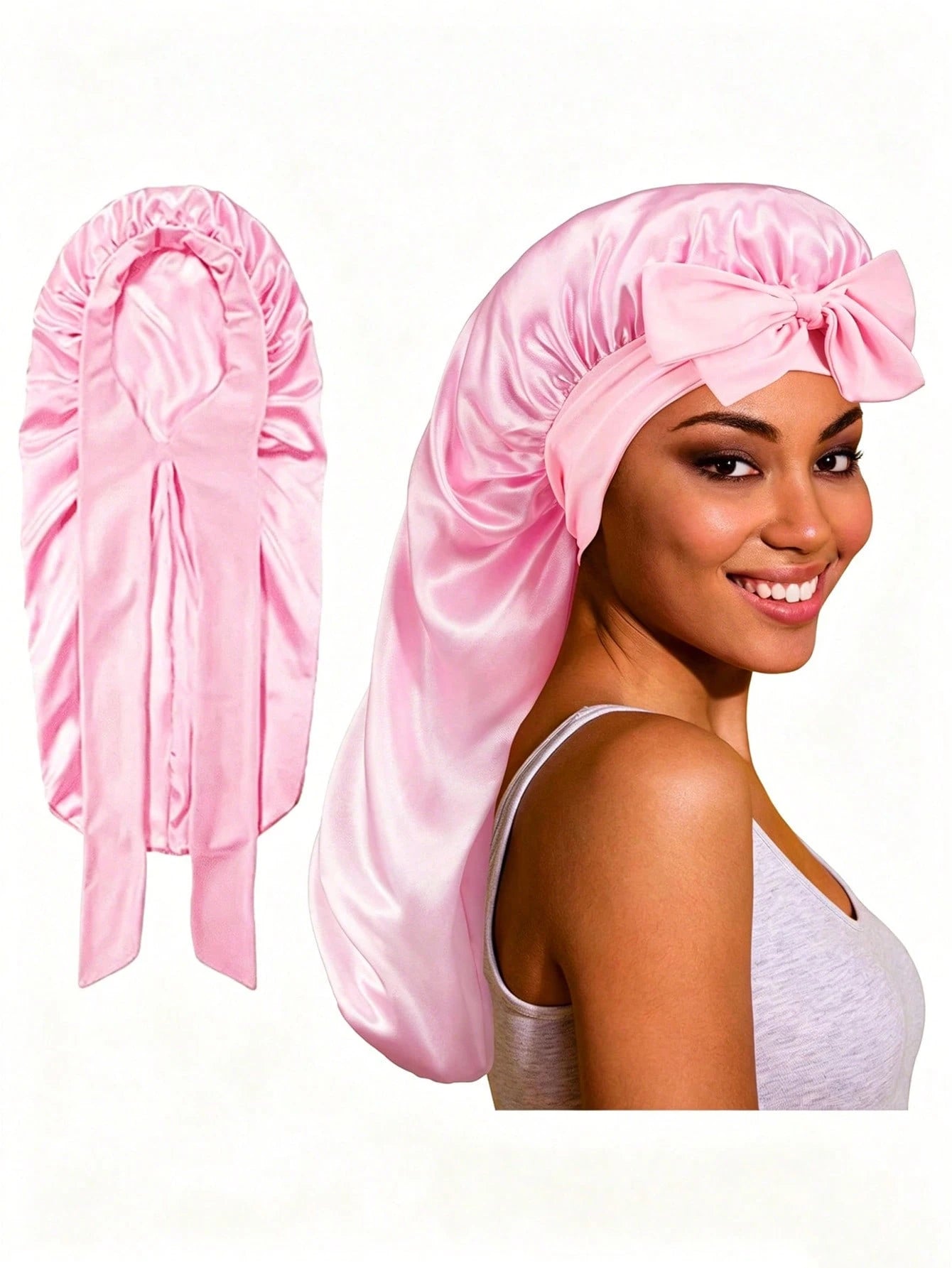 CONFLASS 1pc Women's Adjustable Satin Bow Long Sleeping Cap, Suitable For Braided And Curly Hair, Plus Size With Drawstring Design, Ideal For Overnight Hair Care