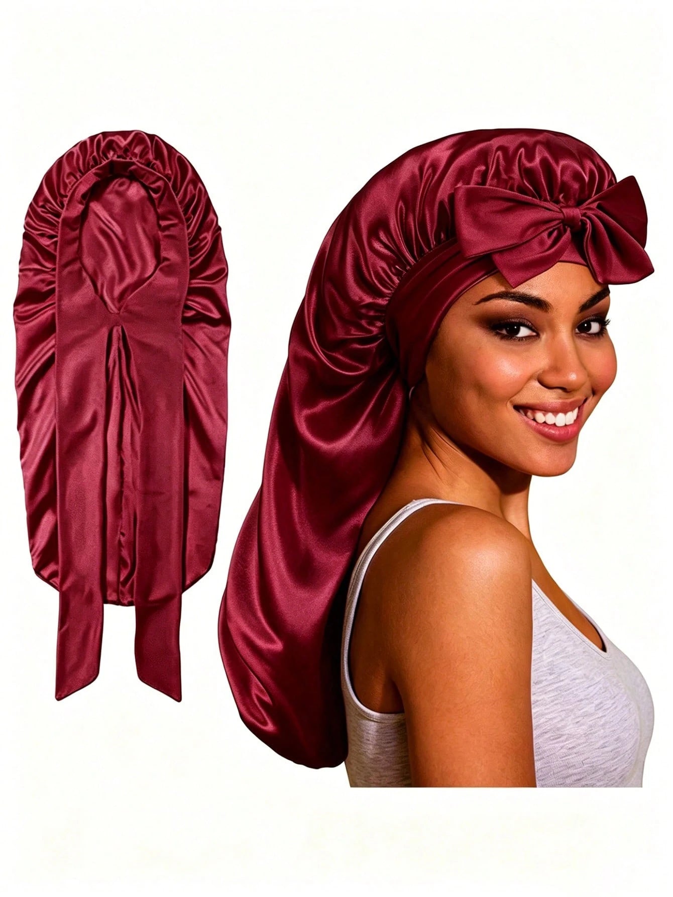 CONFLASS 1pc Women's Adjustable Satin Bow Long Sleeping Cap, Suitable For Braided And Curly Hair, Plus Size With Drawstring Design, Ideal For Overnight Hair Care