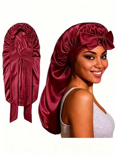 CONFLASS 1pc Women's Adjustable Satin Bow Long Sleeping Cap, Suitable For Braided And Curly Hair, Plus Size With Drawstring Design, Ideal For Overnight Hair Care