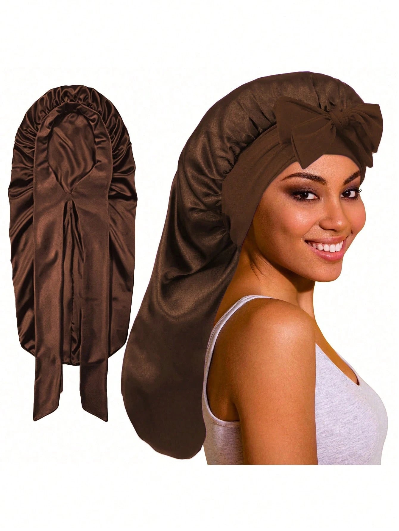 CONFLASS 1pc Women's Adjustable Satin Bow Long Sleeping Cap, Suitable For Braided And Curly Hair, Plus Size With Drawstring Design, Ideal For Overnight Hair Care