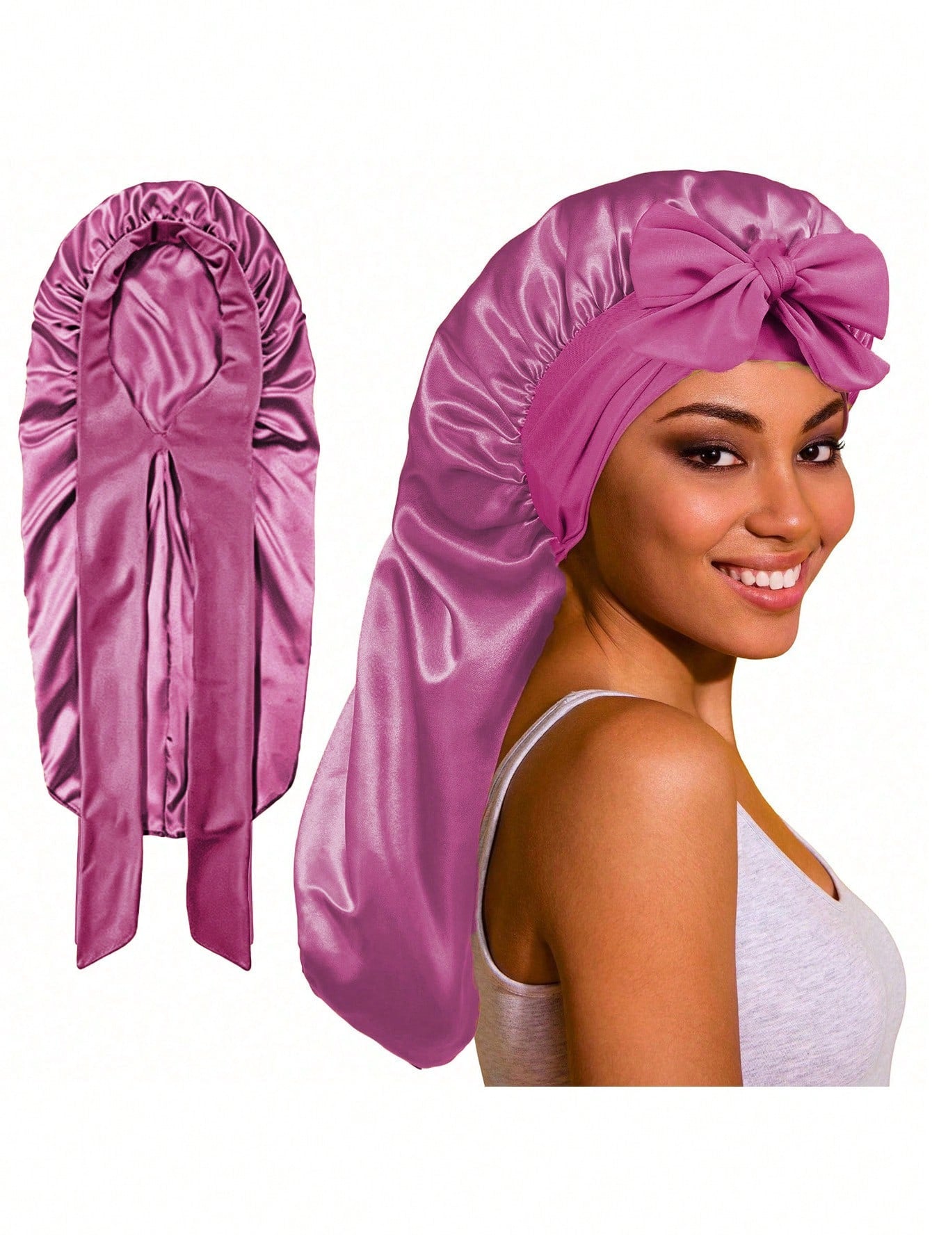 CONFLASS 1pc Women's Adjustable Satin Bow Long Sleeping Cap, Suitable For Braided And Curly Hair, Plus Size With Drawstring Design, Ideal For Overnight Hair Care