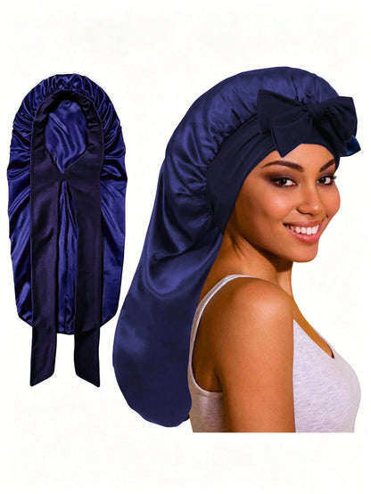 CONFLASS 1pc Women's Adjustable Satin Bow Long Sleeping Cap, Suitable For Braided And Curly Hair, Plus Size With Drawstring Design, Ideal For Overnight Hair Care