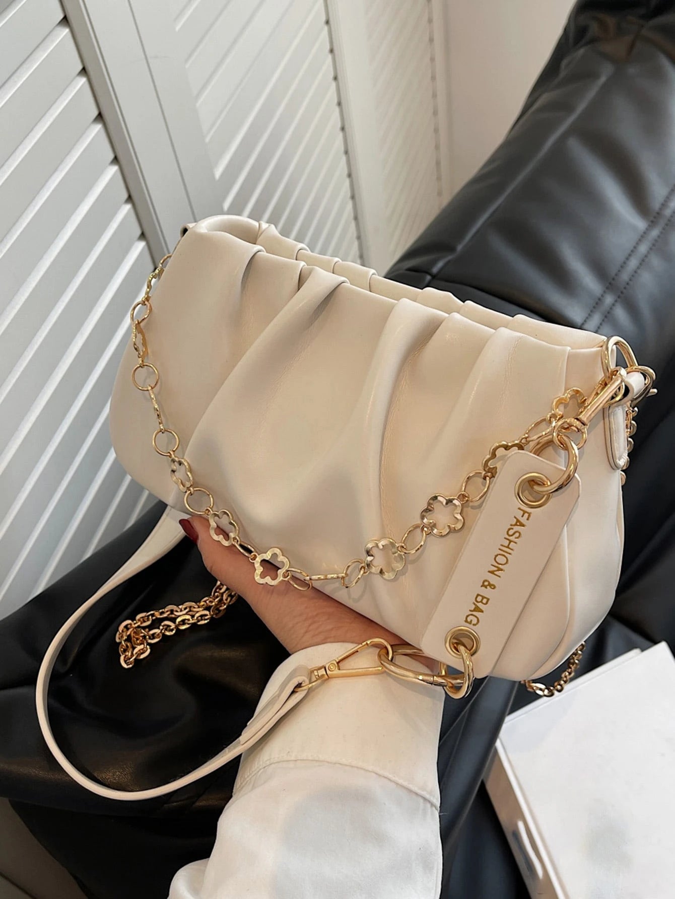 CONTAINEVERY Fashionable Moire Chain Decor Ruched Bag With  Handle And Detachable Strap (Beige)