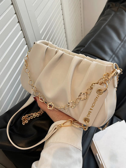 CONTAINEVERY Fashionable Moire Chain Decor Ruched Bag With  Handle And Detachable Strap (Beige)