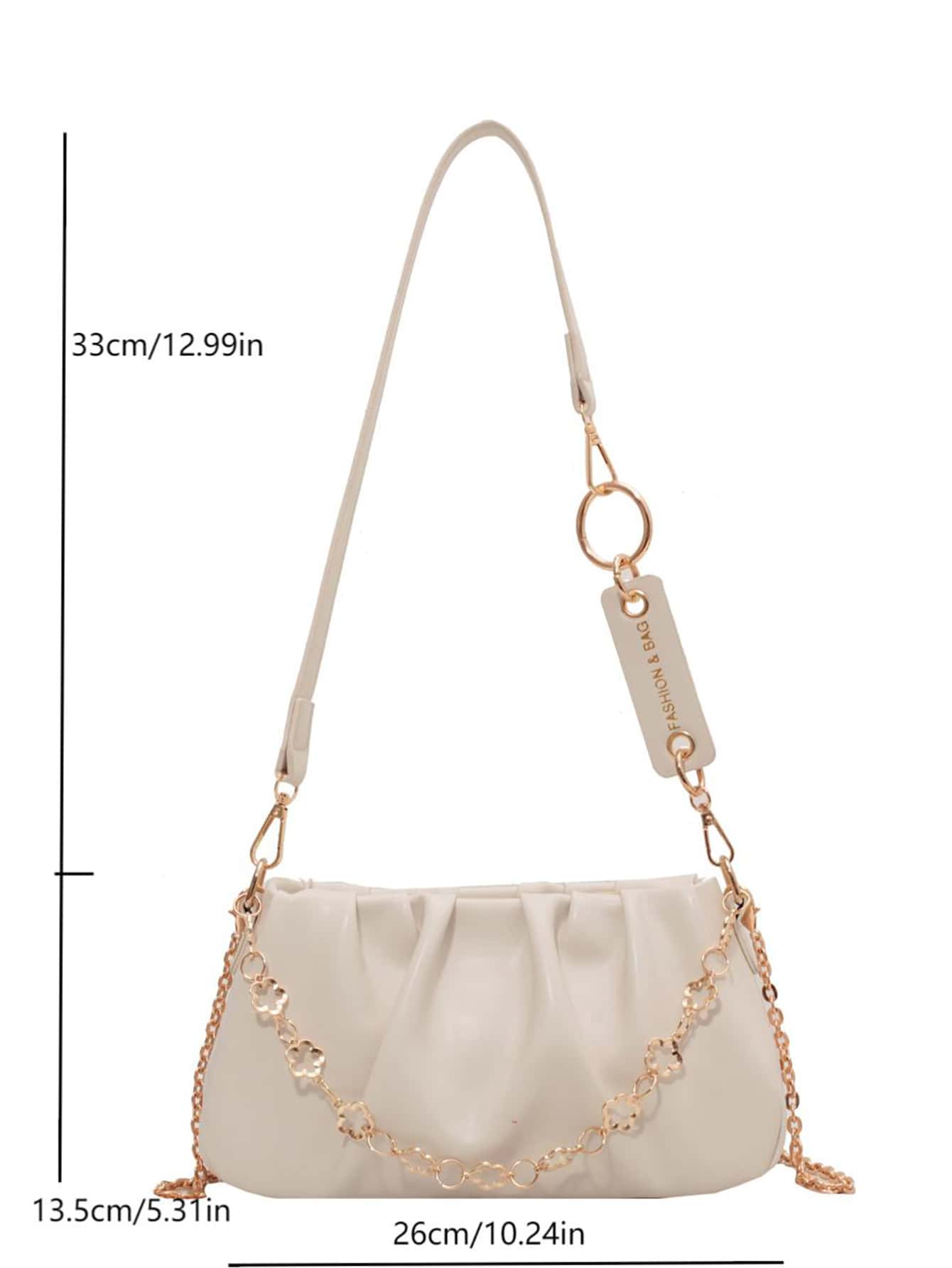 CONTAINEVERY Fashionable Moire Chain Decor Ruched Bag With  Handle And Detachable Strap (Beige)