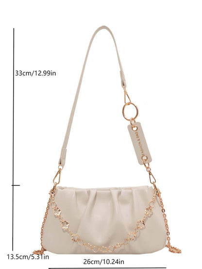 CONTAINEVERY Fashionable Moire Chain Decor Ruched Bag With  Handle And Detachable Strap (Beige)