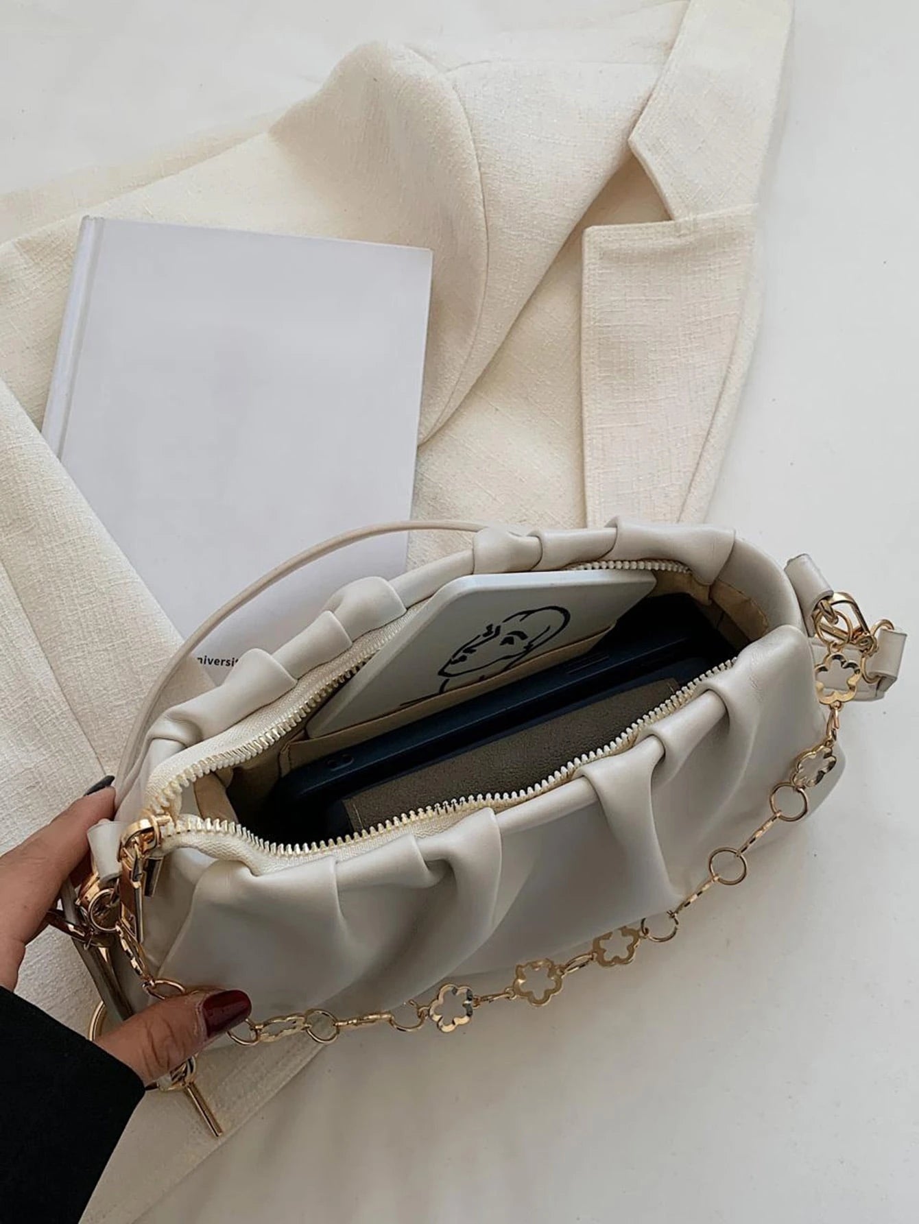 CONTAINEVERY Fashionable Moire Chain Decor Ruched Bag With  Handle And Detachable Strap (Beige)