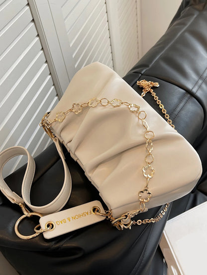 CONTAINEVERY Fashionable Moire Chain Decor Ruched Bag With  Handle And Detachable Strap (Beige)