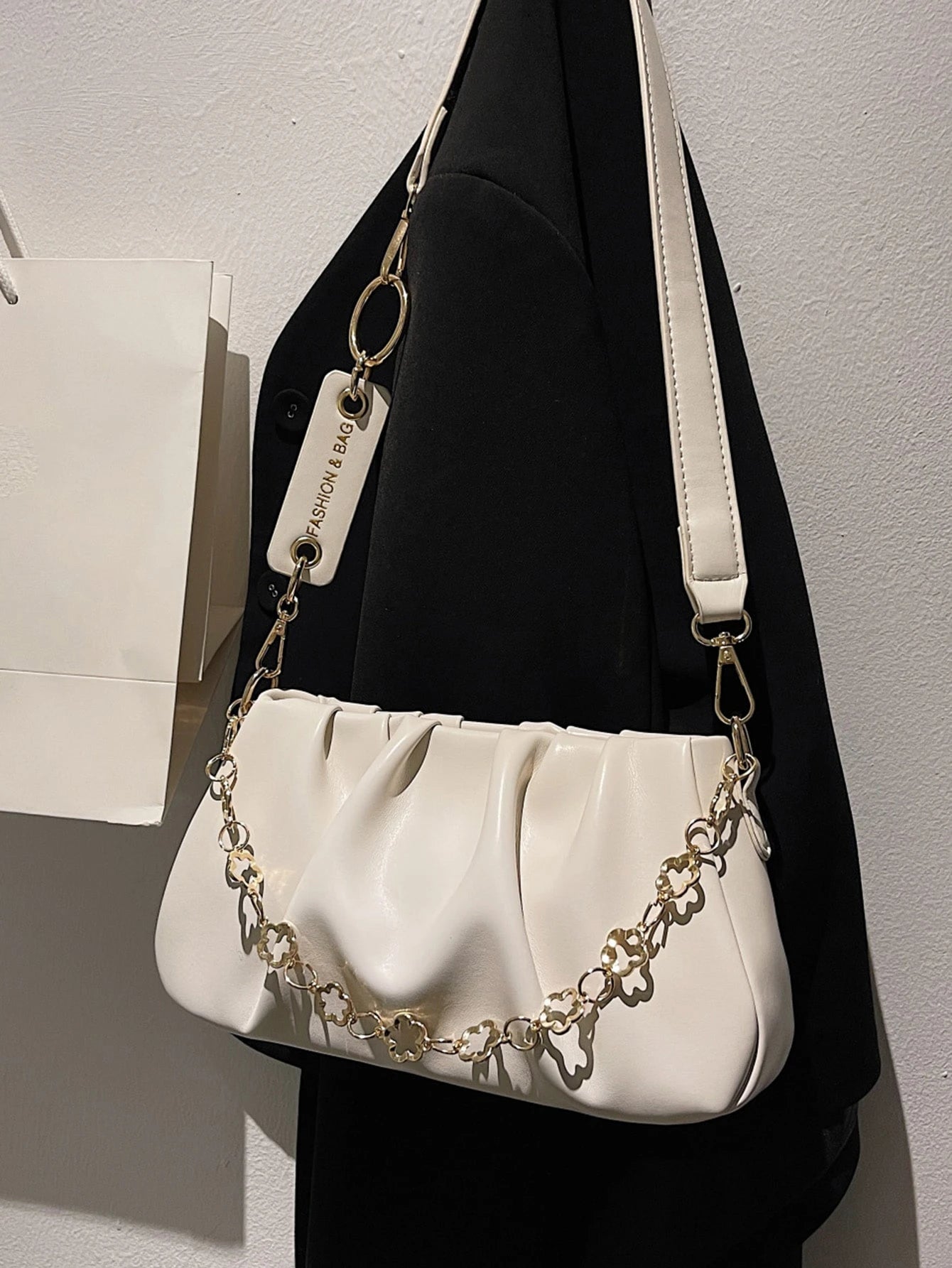 CONTAINEVERY Fashionable Moire Chain Decor Ruched Bag With  Handle And Detachable Strap (Beige)