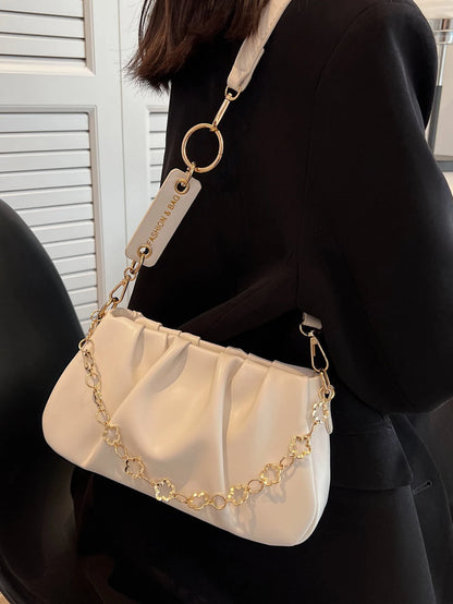 CONTAINEVERY Fashionable Moire Chain Decor Ruched Bag With  Handle And Detachable Strap (Beige)