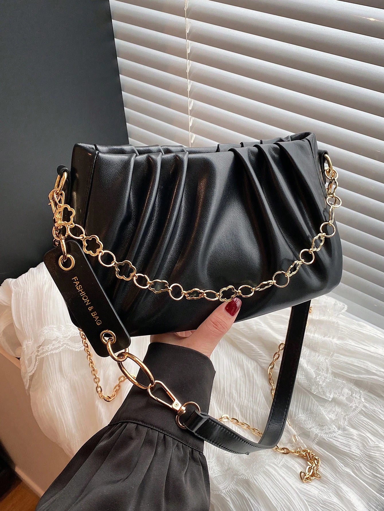 CONTAINEVERY Fashionable Moire Chain Decor Ruched Bag With  Handle And Detachable Strap (Beige)