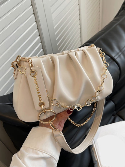 CONTAINEVERY Fashionable Moire Chain Decor Ruched Bag With  Handle And Detachable Strap (Beige)