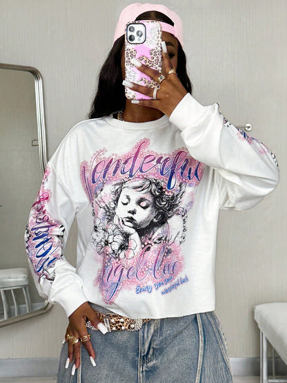 Coolane Autumn Streetwear Casual Going Out Hip-Hop Graphics Oversized White Long Sleeve T-Shirt
