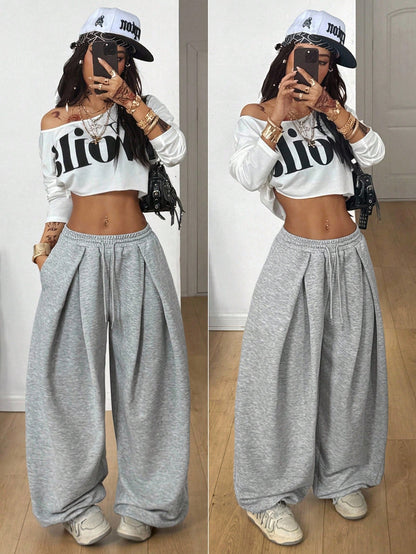 Coolane Women's Fall/Winter Streetwear Basic Daily Wear Going Out Casual Grey Baggy Low Rise Cuffed Pants Y2k