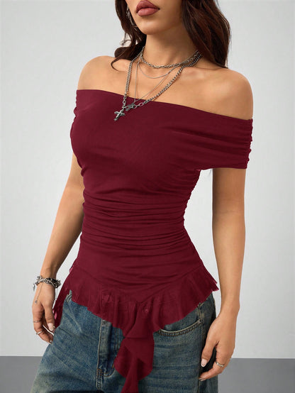 Coolane Women's Plus Size Summer Fall Casual Elegant Sexy Streetwear Evening Party Date Night Concert Wedding Night Out Club Ruffle Red Top