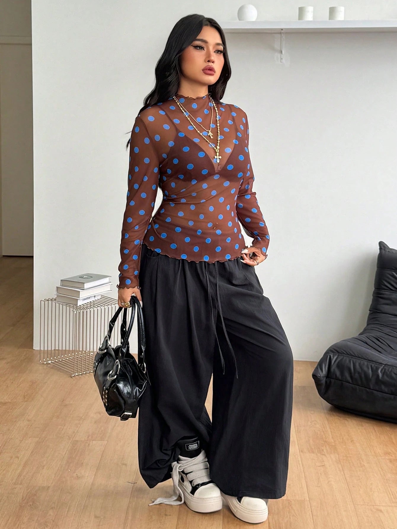 Coolane Women's Plus Size Summer Fall Sexy Streetwear Party Vacation Going Out Y2K Vintage Casual Breathable Mesh Polka Dot Brown Long Sleeve Top