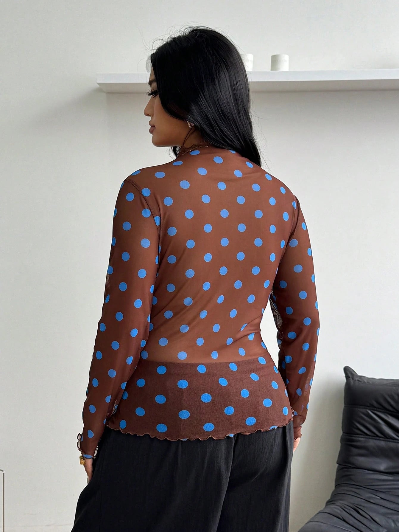 Coolane Women's Plus Size Summer Fall Sexy Streetwear Party Vacation Going Out Y2K Vintage Casual Breathable Mesh Polka Dot Brown Long Sleeve Top