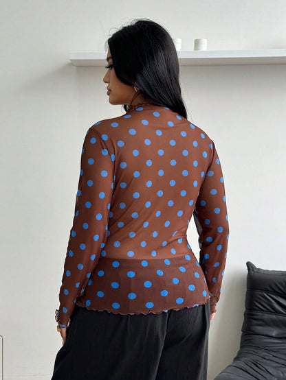Coolane Women's Plus Size Summer Fall Sexy Streetwear Party Vacation Going Out Y2K Vintage Casual Breathable Mesh Polka Dot Brown Long Sleeve Top
