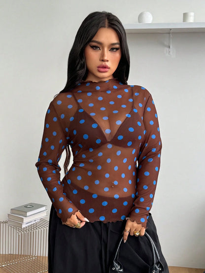 Coolane Women's Plus Size Summer Fall Sexy Streetwear Party Vacation Going Out Y2K Vintage Casual Breathable Mesh Polka Dot Brown Long Sleeve Top