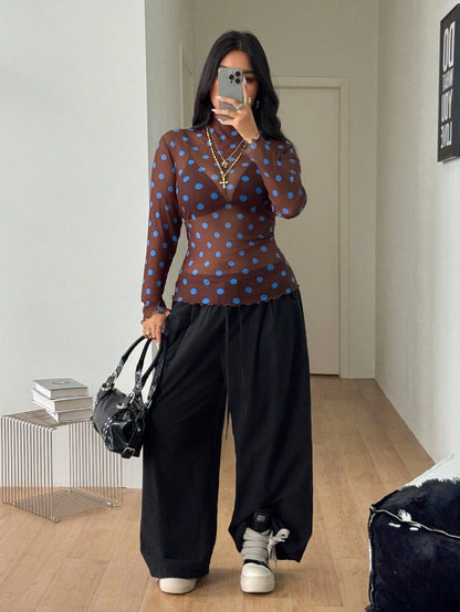 Coolane Women's Plus Size Summer Fall Sexy Streetwear Party Vacation Going Out Y2K Vintage Casual Breathable Mesh Polka Dot Brown Long Sleeve Top