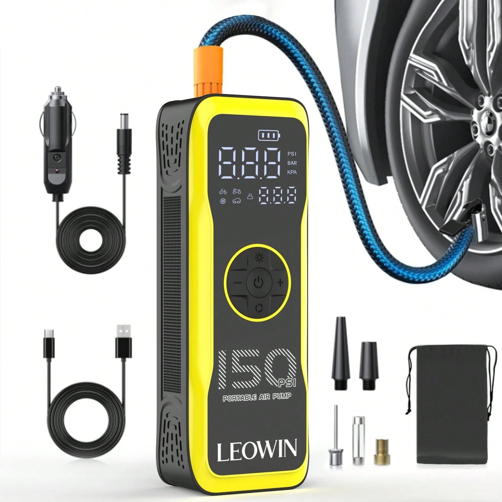 Cordless Tire Inflator, Portable Air Compressor With Auto-Shutoff, Rechargeable Air Pump With 2000mAH*2 Battery, 12V Car Power Adapter, Dual-Use Type, Car Tires Pump With Digital Pressure Gauge/LED Li