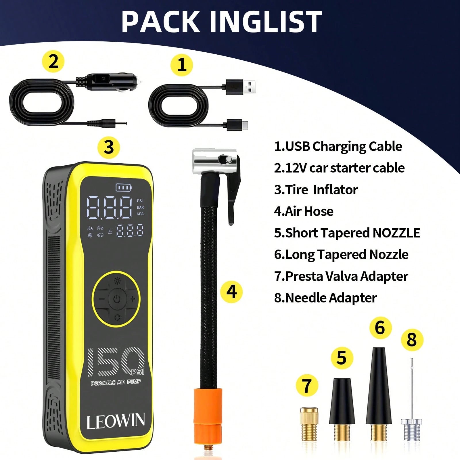 Cordless Tire Inflator, Portable Air Compressor With Auto-Shutoff, Rechargeable Air Pump With 2000mAH*2 Battery, 12V Car Power Adapter, Dual-Use Type, Car Tires Pump With Digital Pressure Gauge/LED Li
