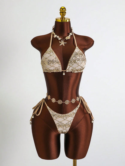 Costavie Beige Women's Swimwear 3-Piece Set,Summer Casual Beach Party Holiday Vacation Holiday Sequin Pearl Decor Halter Triangle Bikini Top Sarong Skirt