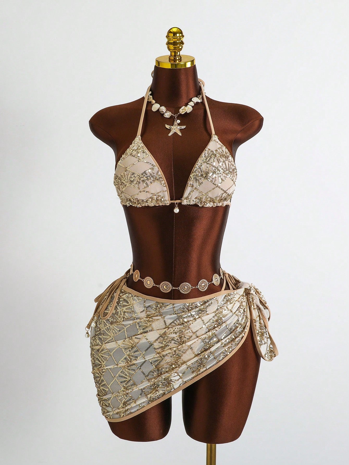 Costavie Beige Women's Swimwear 3-Piece Set,Summer Casual Beach Party Holiday Vacation Holiday Sequin Pearl Decor Halter Triangle Bikini Top Sarong Skirt