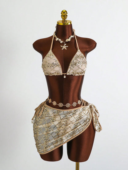 Costavie Beige Women's Swimwear 3-Piece Set,Summer Casual Beach Party Holiday Vacation Holiday Sequin Pearl Decor Halter Triangle Bikini Top Sarong Skirt