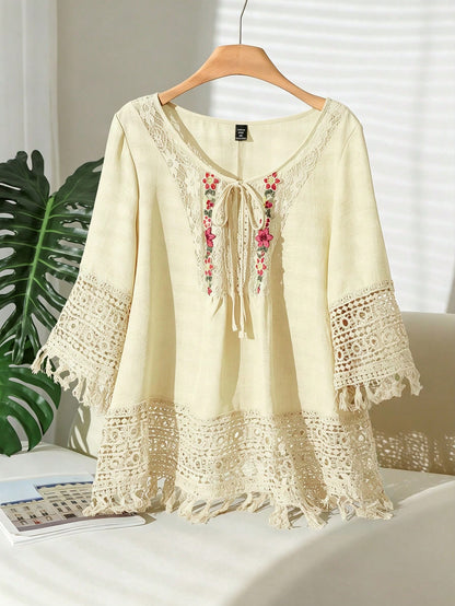 CosyJoli Plus Size Women Floral Print Contrast Lace Front Tie Casual Shirt,Slightly Sheer,Going Out Tops Spring To Summer Fall