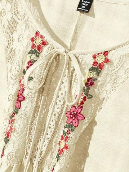 CosyJoli Plus Size Women Floral Print Contrast Lace Front Tie Casual Shirt,Slightly Sheer,Going Out Tops Spring To Summer Fall