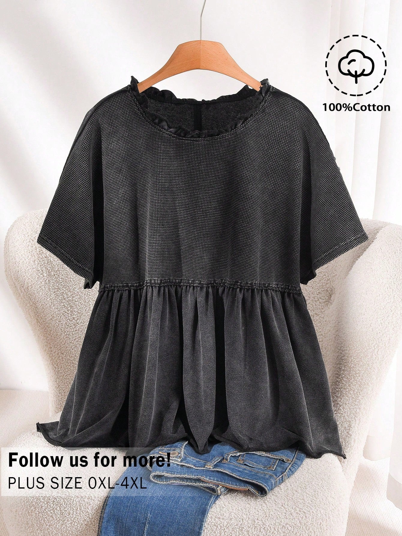 CosyJoli Plus Size Women's Casual T-Shirt, Distressed Washed T-Shirt, Short Sleeve Tee Cute Black Tops Black Babydoll Top