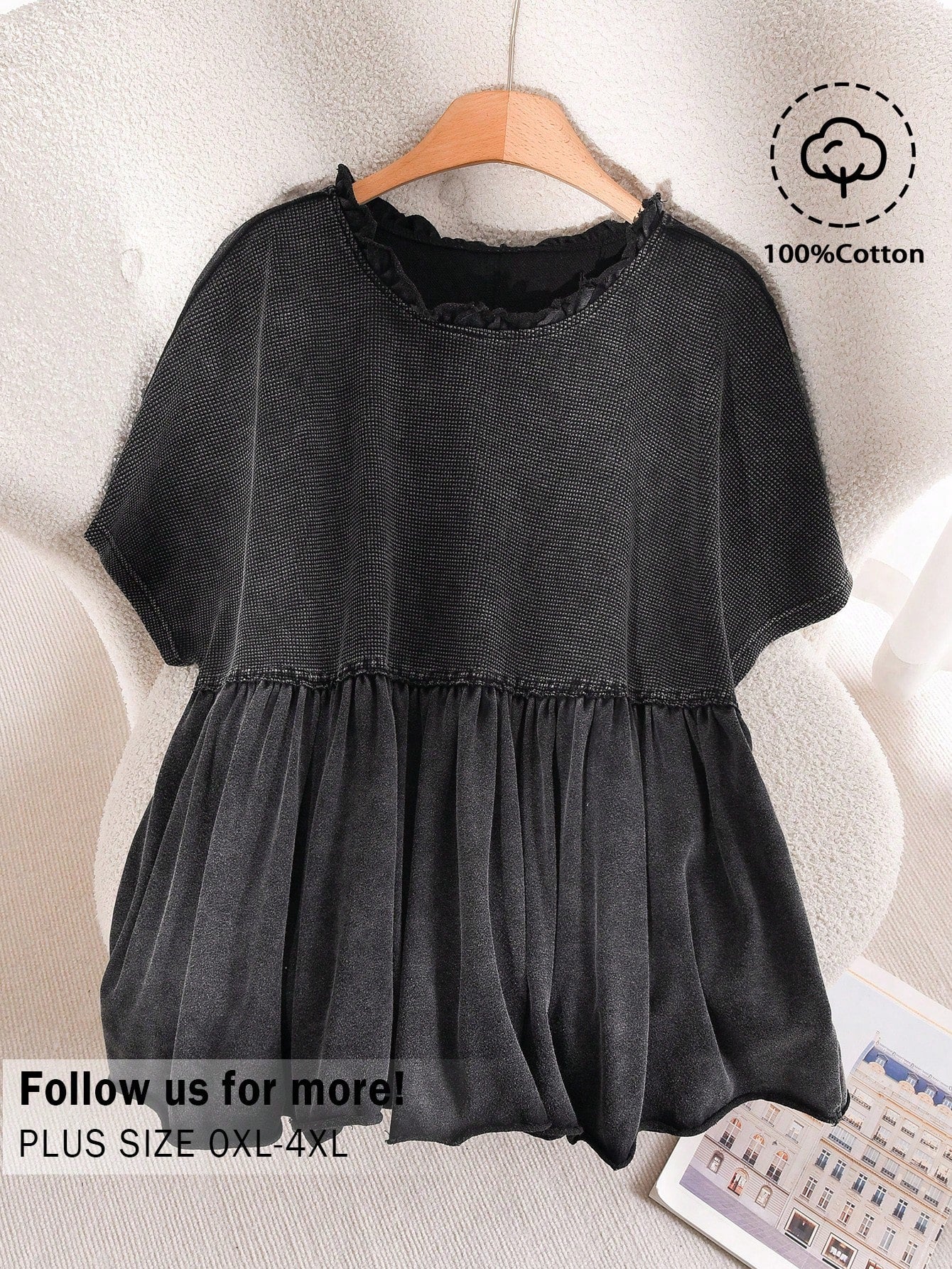 CosyJoli Plus Size Women's Casual T-Shirt, Distressed Washed T-Shirt, Short Sleeve Tee Cute Black Tops Black Babydoll Top
